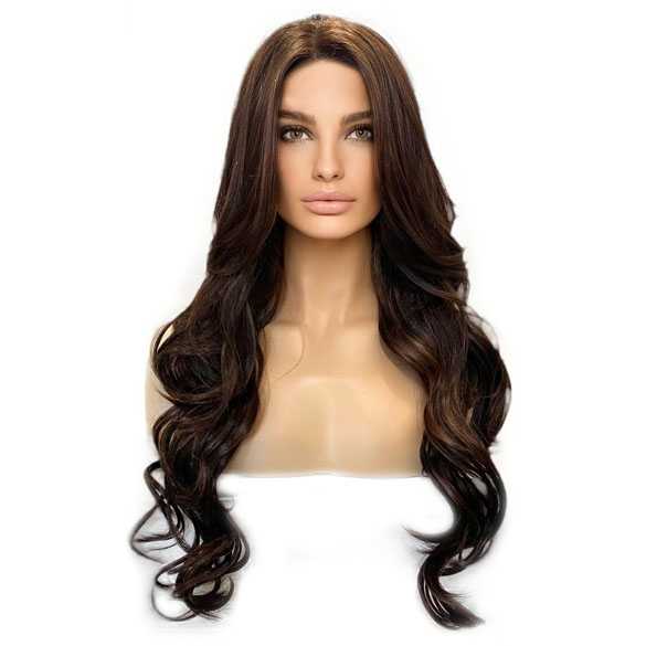 Lace pruik lang bruin haar zonder pony model Kim kleur 4