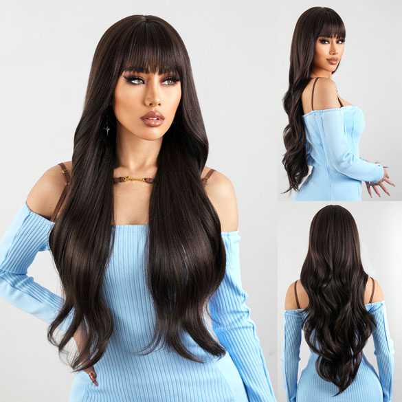 Luxe pruik zeer lang bruin haar met losse slagen model Viva