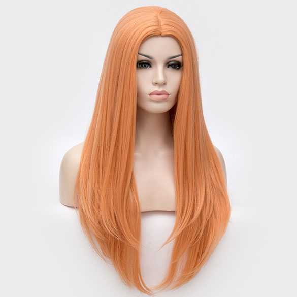 Pruik lang steil haar in lagen Soft Orange