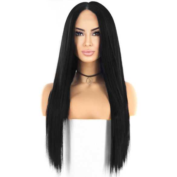 Swiss lace pruik lang steil zwart haar model Tabitha