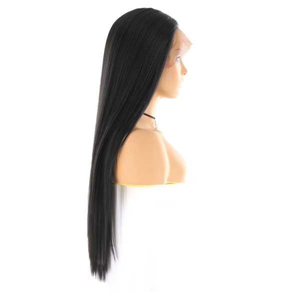 Swiss lace pruik lang steil zwart haar model Tabitha