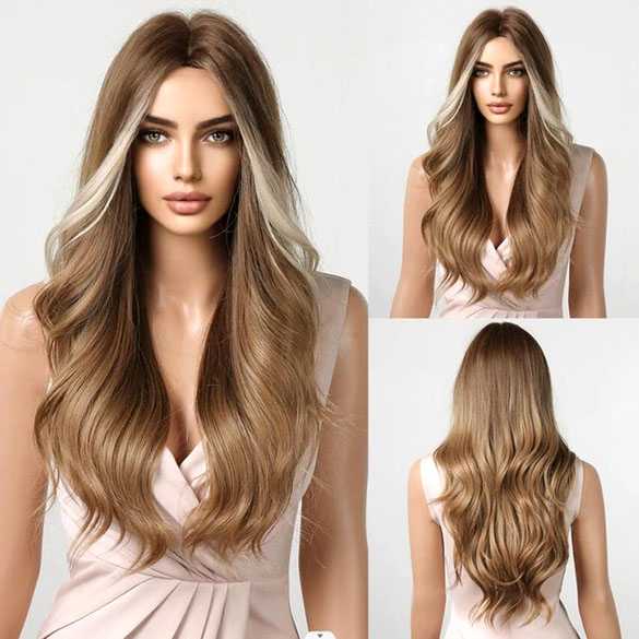 AANBIEDING Pruik caramel roodbruin lang krullend haar model Angel