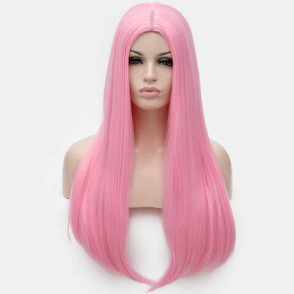 Pruik roze lang steil haar zonder pony