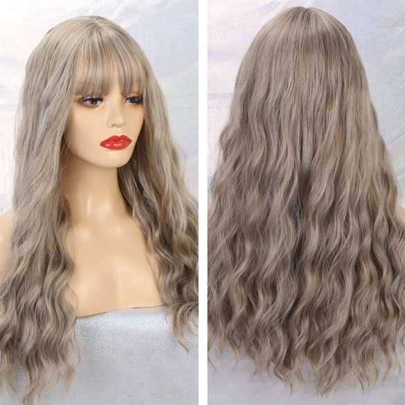 Pruik lang golvend haar met pony model 205