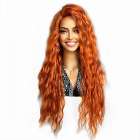 Oranje pruik met lang haar wave slagen