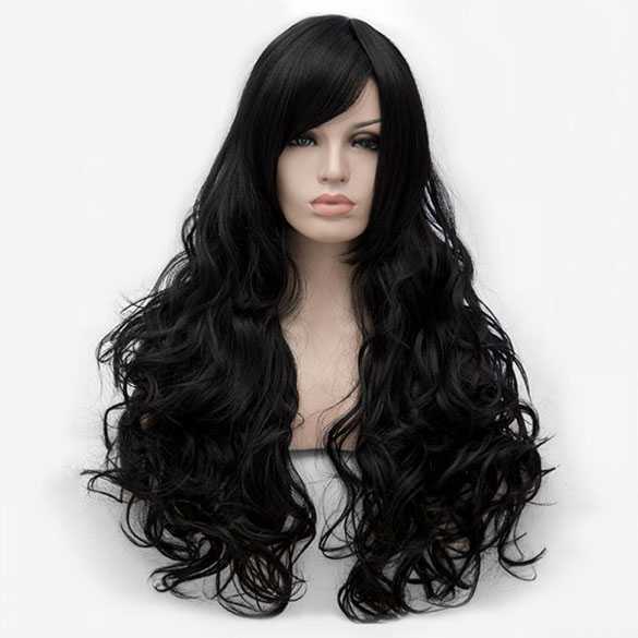 Luxe pruik zwart lang haar met krullen