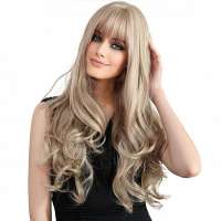 Pruik lang blond krullend haar met pony model Lisa