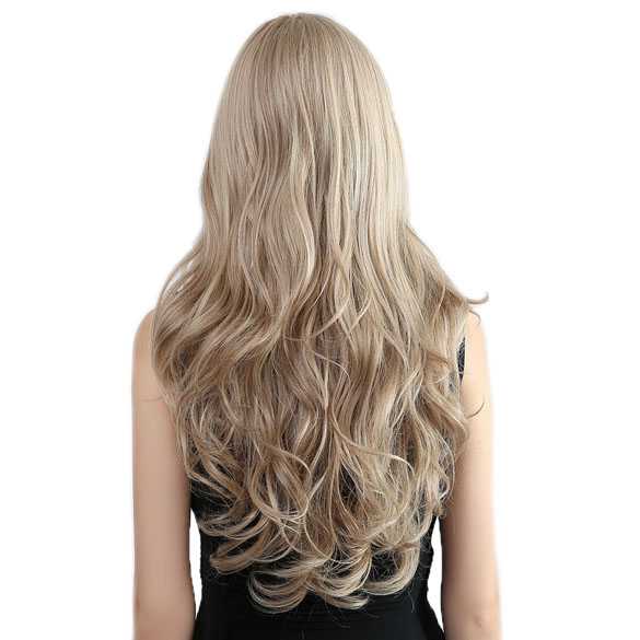 Pruik lang blond krullend haar met pony model Lisa