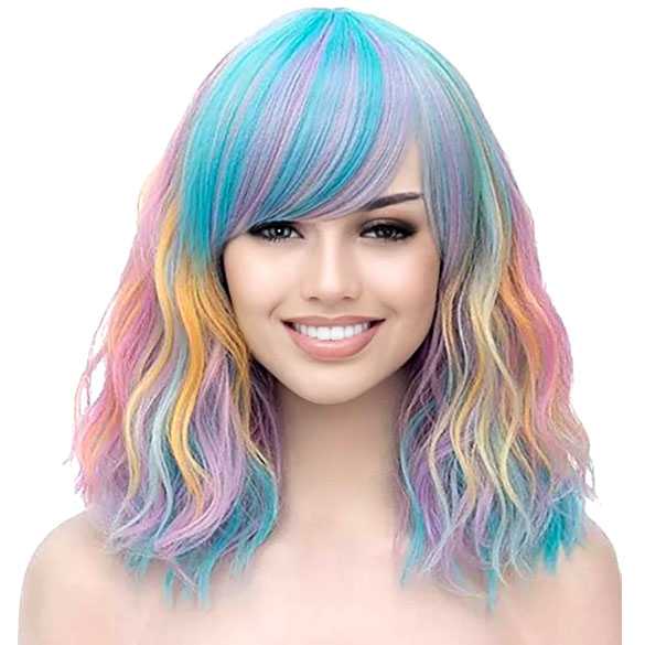 Pruik schouderlang bob model in pastel kleuren met pony