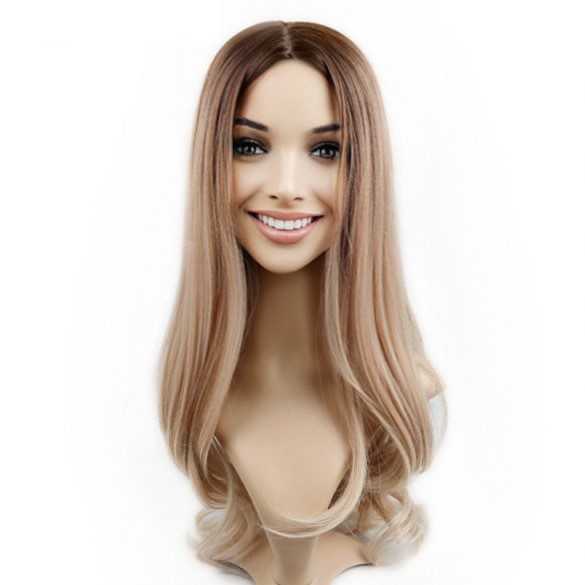 Pruik lang steil haar roomblond met donkere roots