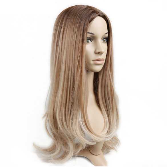 Pruik lang steil haar roomblond met donkere roots