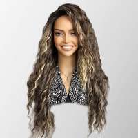 Pruik met lang donkerbruin haar wave slagen en blonde highlights