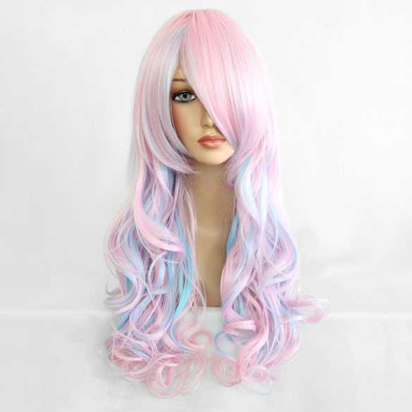 Lolita pruik baby-roze baby-blauw lang haar met krullen