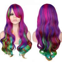 Carnaval pruik lang haar met krullen multi-color regenboog