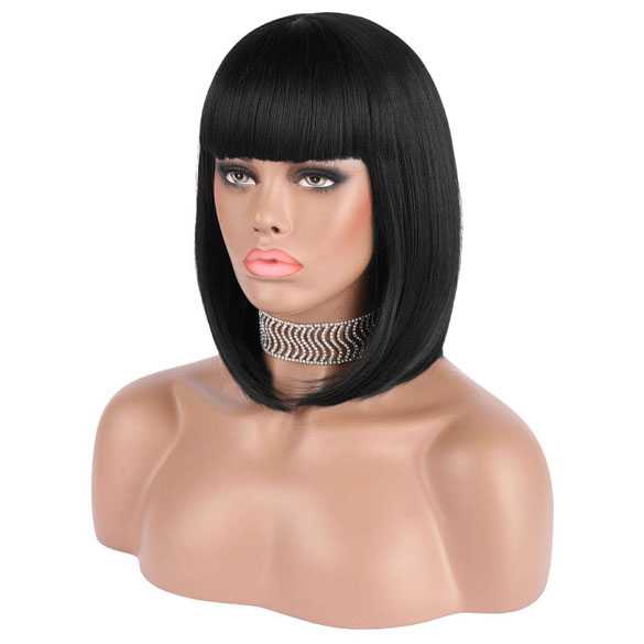 Pruik bob model zwart steil haar met rechte pony
