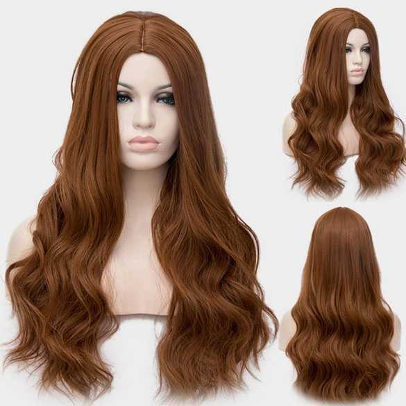 AANBIEDING : Pruik lang haar met slagen zonder pony honingbruin