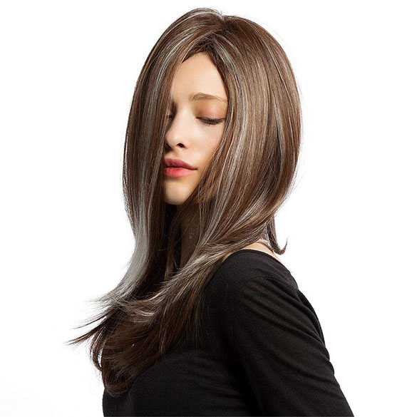 Pruik lang steil haar met highlights model 105