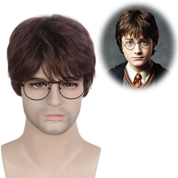 Harry Potter pruik kort bruin haar in laagjes + bril