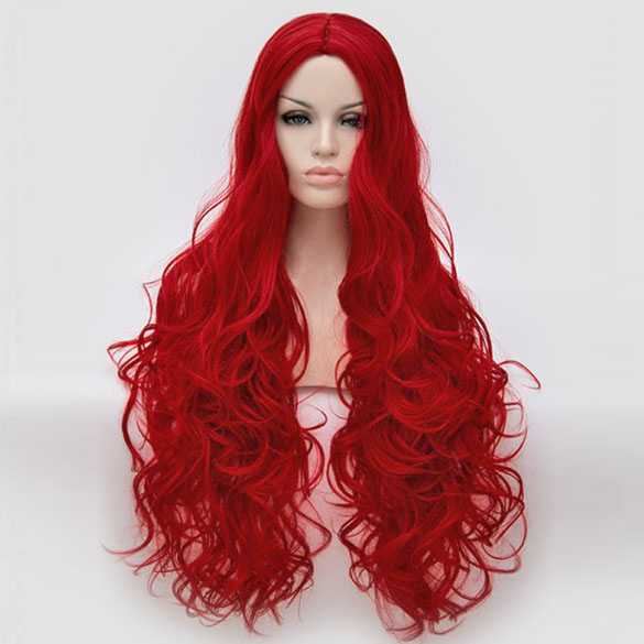 Luxe pruik zeer lang rood haar met krullen zonder pony