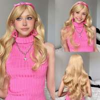 Barbie pruik met goudblond lang krullend haar en pony