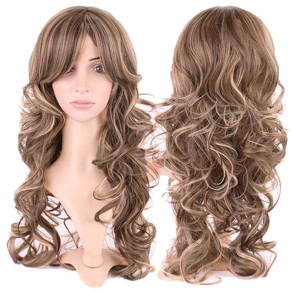 Pruik lang krullend haar lichtbruin met blonde highlights