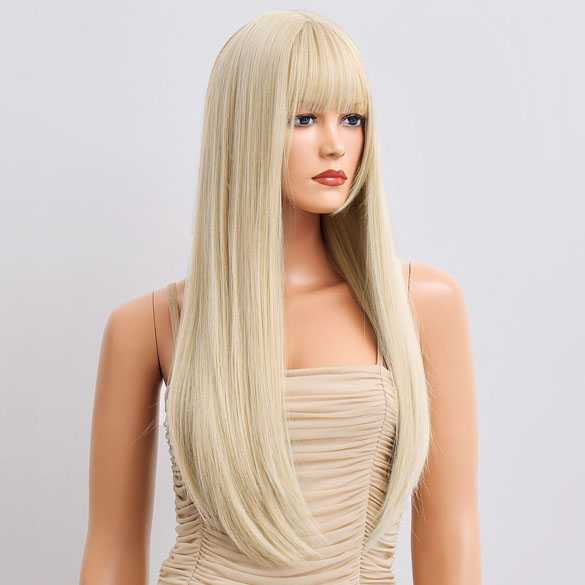 Pruik lang blond steil haar in laagjes met pony model 32-6