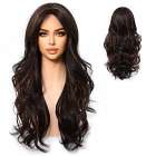 Luxe pruik lang haar met losse slag donkerbruin met highlights