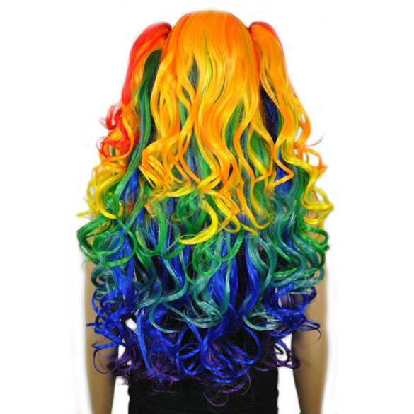 Luxe multi-color Pride regenboog krullen pruik + 2 staarten