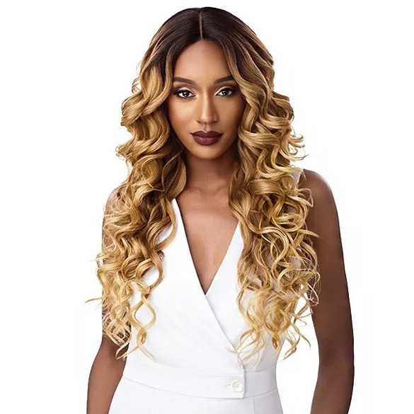 Swiss lace front pruik lang goudblond krullend haar model Jericka