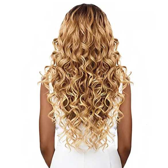 Swiss lace front pruik lang goudblond krullend haar model Jericka