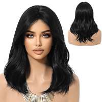 Pruik halflang zwart haar in laagjes met pony