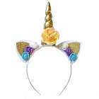Carnaval unicorn diadeem hoorntje goud met oortjes en roosjes
