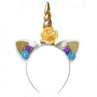 Carnaval unicorn diadeem hoorntje goud met oortjes en roosjes