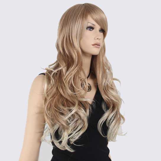 Sexy blonde pruik lang haar met slagen en lichtere puntjes