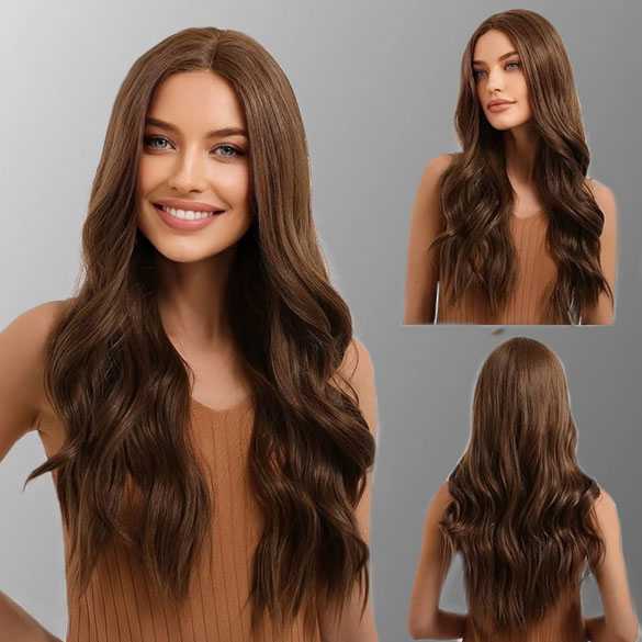Lace pruik lang bruin haar met slagen zonder pony model Gaby