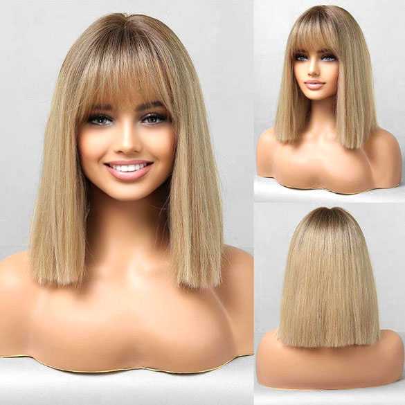 Pruik halflang bob model steil haar blond met pony