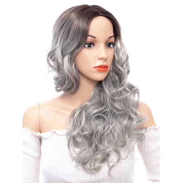 Ombre pruik zilvergrijs lang haar met slagen zonder pony