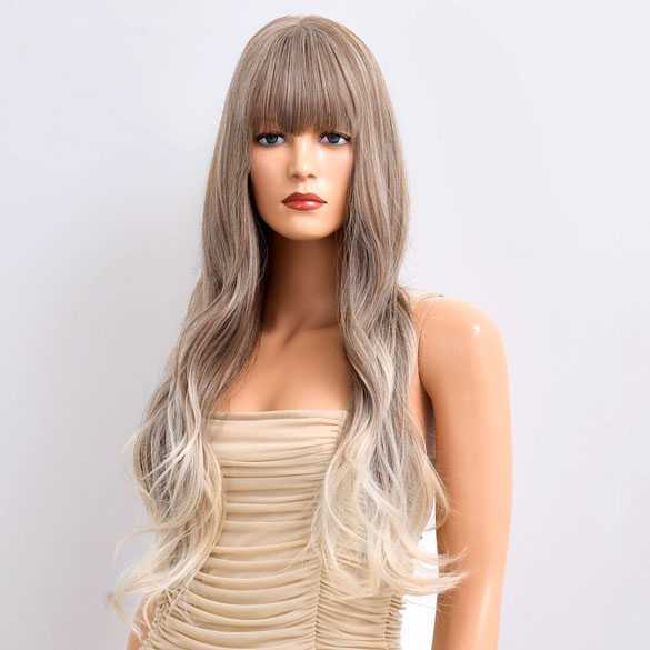 Pruik lang haar met lichte slag in lagen met pony model 05-3