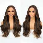 Swiss lace front pruik lang haar met slagen donkerbruin met highlights Swiss lace front pruik lang haar met slagen donkerbruin met highlights