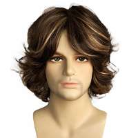 Nonchalante mannenpruik halflang krullend bruin haar met highlights