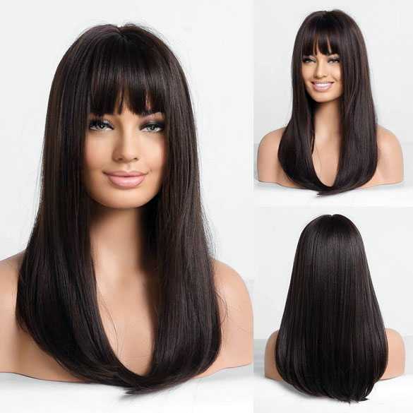 Pruik lang steil donkerbruin haar met pony model 167