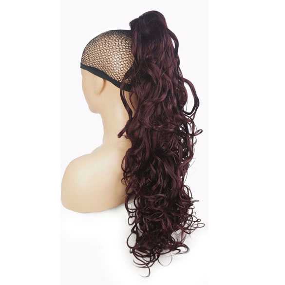 Paardenstaart lang wijnrood haar met krullen op klem kleur 99T