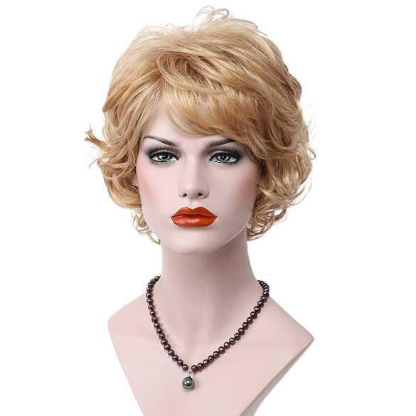Moderne damespruik kort krullend haar goudblond 24H613