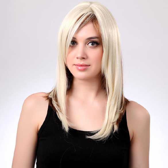 Bicolor pruik trendy kapsel steil haar hazelnoot en blond