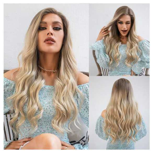 Swiss lace pruik lang blond haar zonder pony 66075