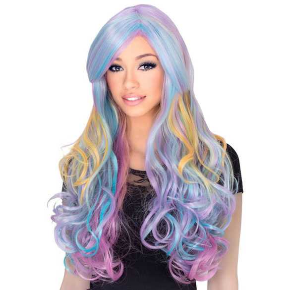 Luxe pastel kleuren carnaval pruik lang haar met krullen