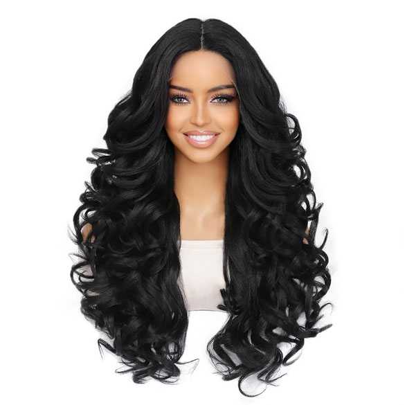 Luxe lace front pruik zwart lang krullend haar model Calla