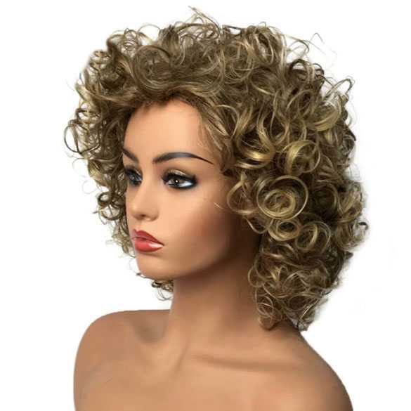 Mooie volle pruik kort krullend haar in bruin-blond mix