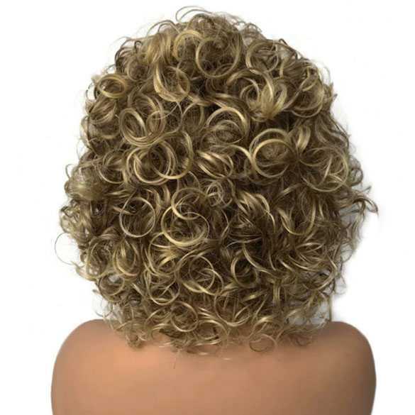 Mooie volle pruik kort krullend haar in bruin-blond mix