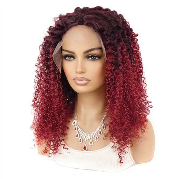 AANBIEDING Pruik bordeau kleur haar met lace rand met krullen zonder pony
